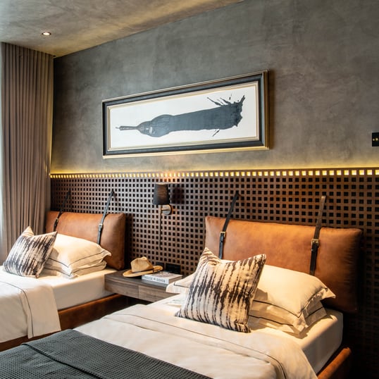 Beauville wall light between two single beds, Garden Towers Makati